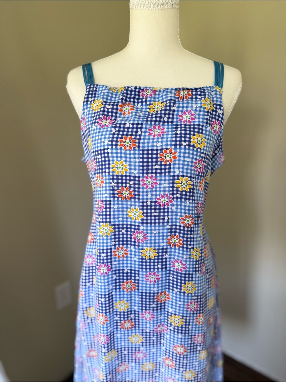Truly Vintage Sundress Blue Gingham Floral Sun Dress AKR Brand One Size Ribbon - Picture 2 of 7